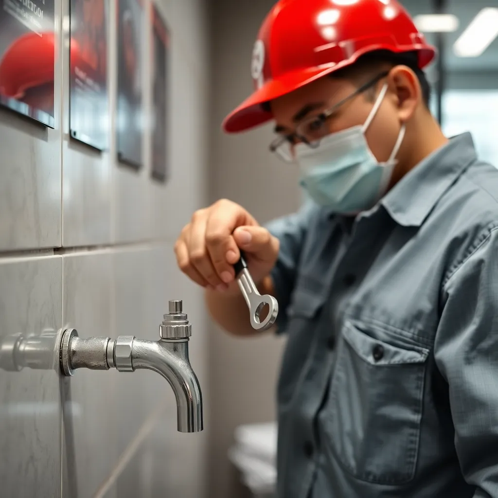 singapore plumber with plumbing tools installing tap in office</p>
<p>